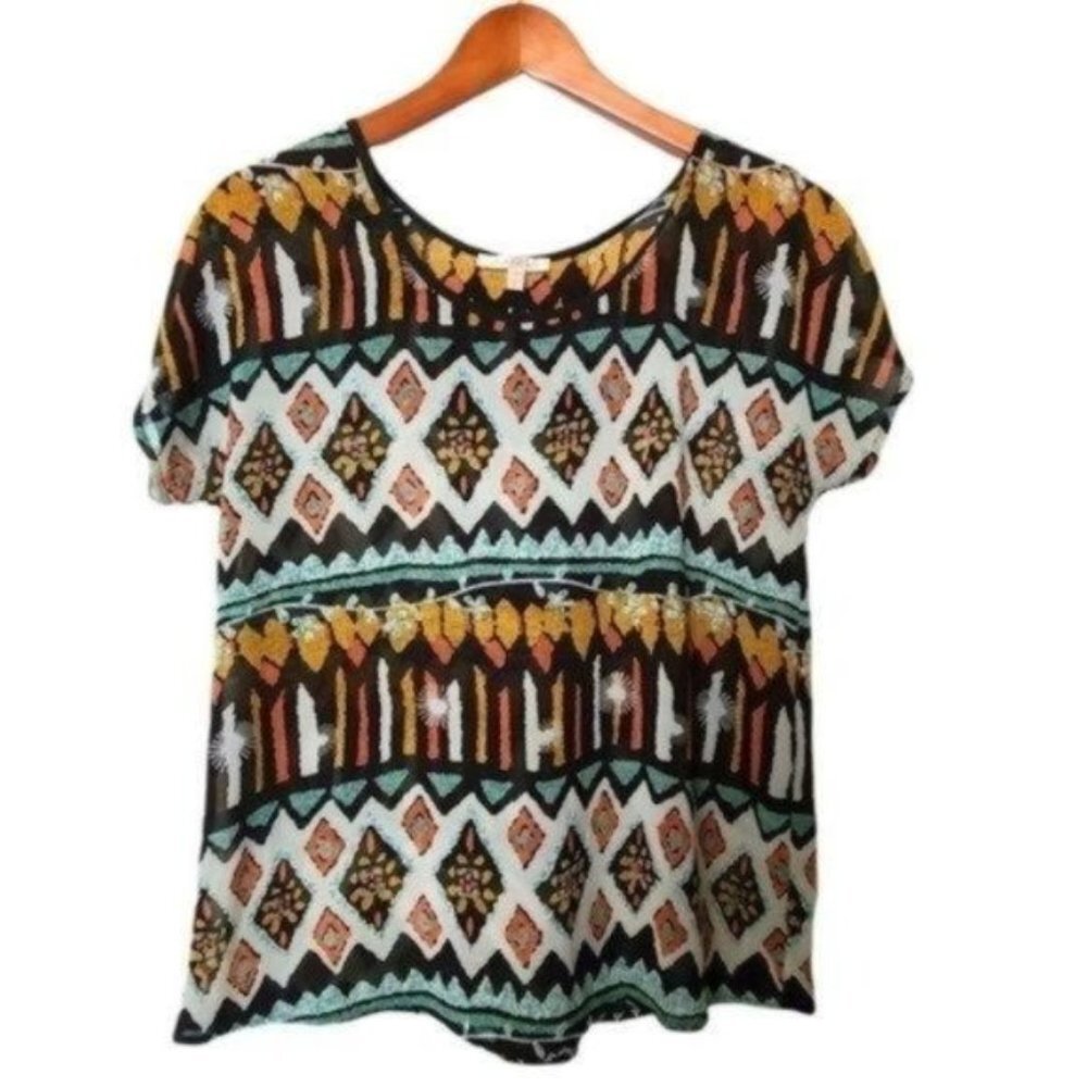 Under‎ Skies Aztec Geometric Pattern Boho Blouse S Small